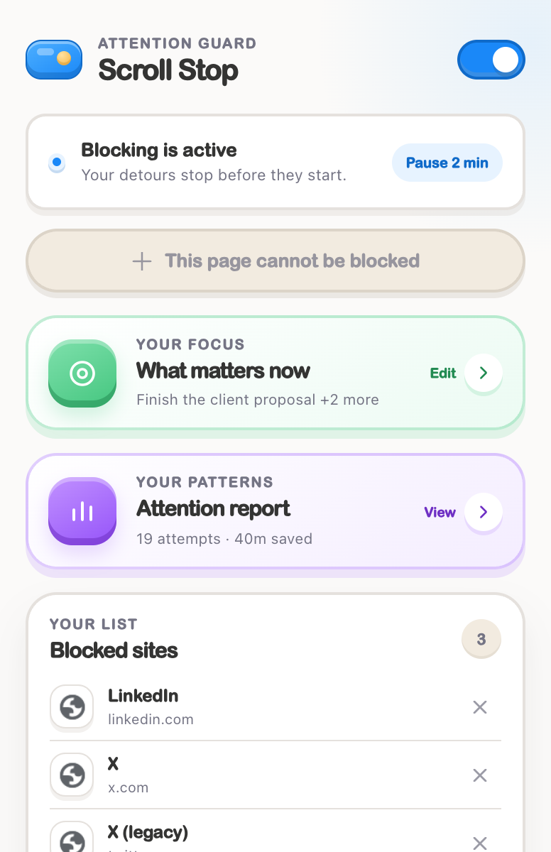 Scrolling Stop popup with focus plan, attention report, and blocked websites